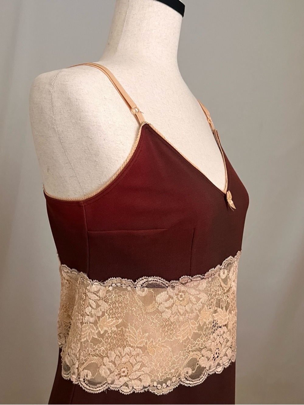 Vintage 90s D&G - Brown Slip Dress with Tan Lace Trim - 46 IT / U.S. 10 - Picture 9 of 16